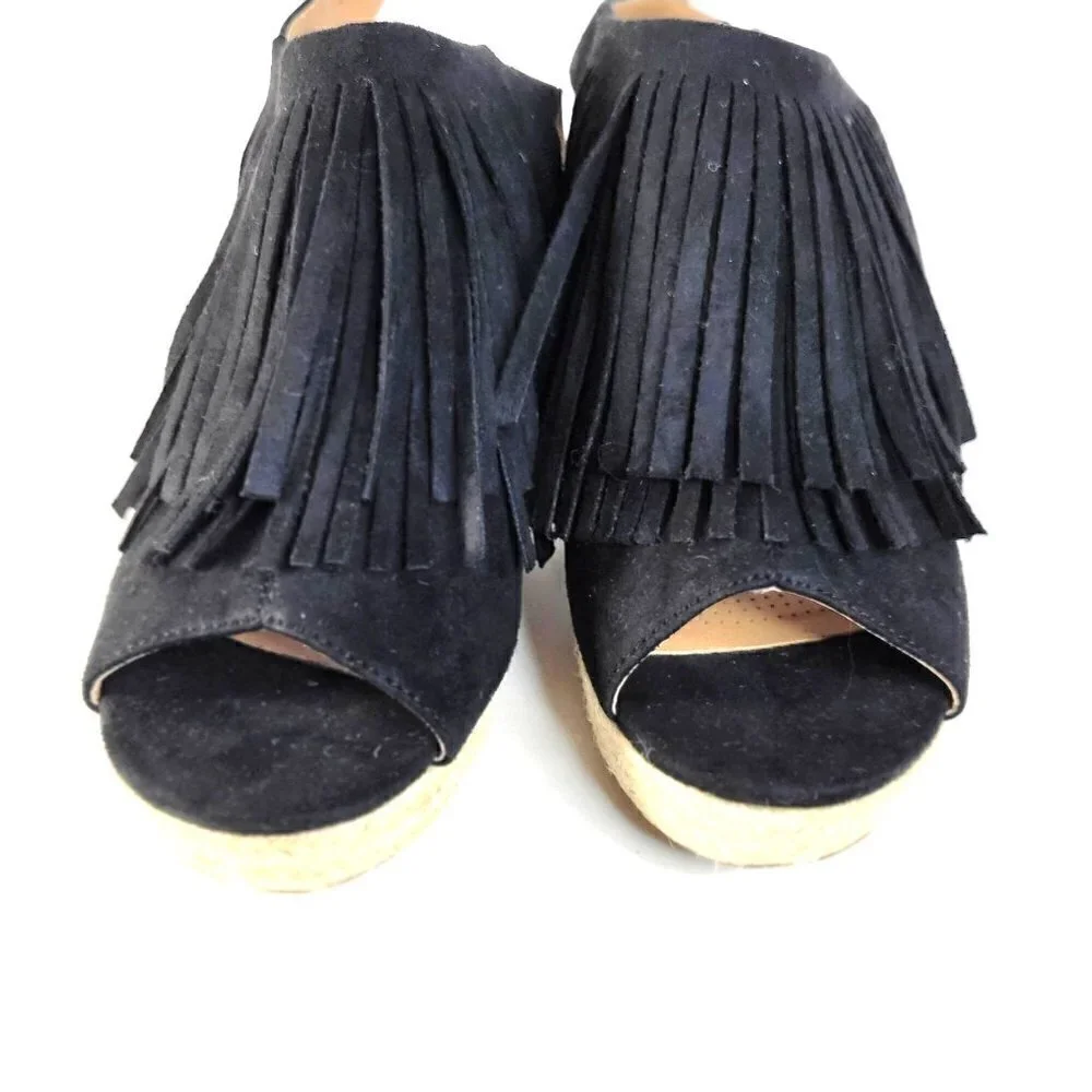 Comfortview Diane Espadrille Sandals Heels Wedge Fringe Black Women Size 9M